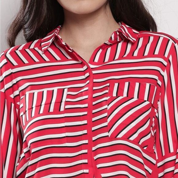 DOROTHY PERKINS Women Red Striped Shirt Style Top size 12 - Picture 2 of 14